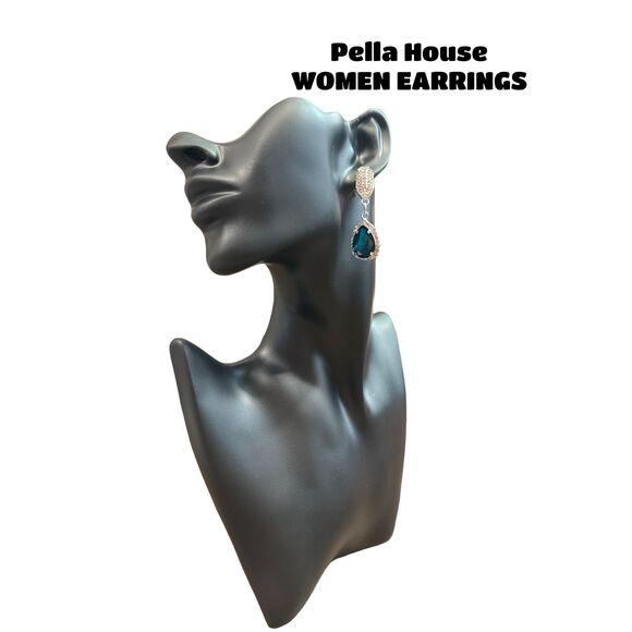 Silver Tone Gatsby Flapper Peacock Zircon Rhinestone Pear Earrings AQUA BLUE - Picture 2 of 3